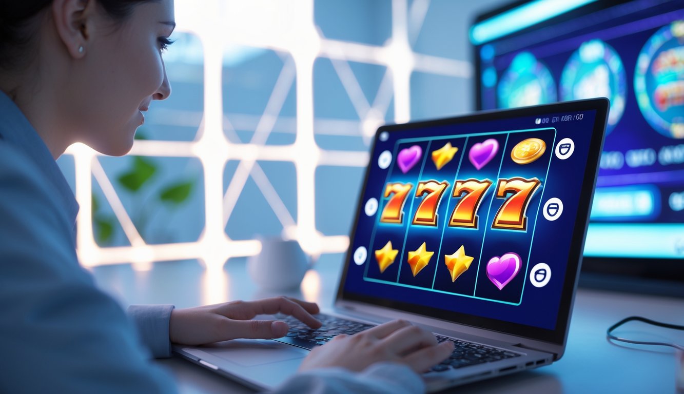 Seseorang menggunakan laptop atau ponsel dengan tampilan permainan slot online yang berwarna-warni di layar.