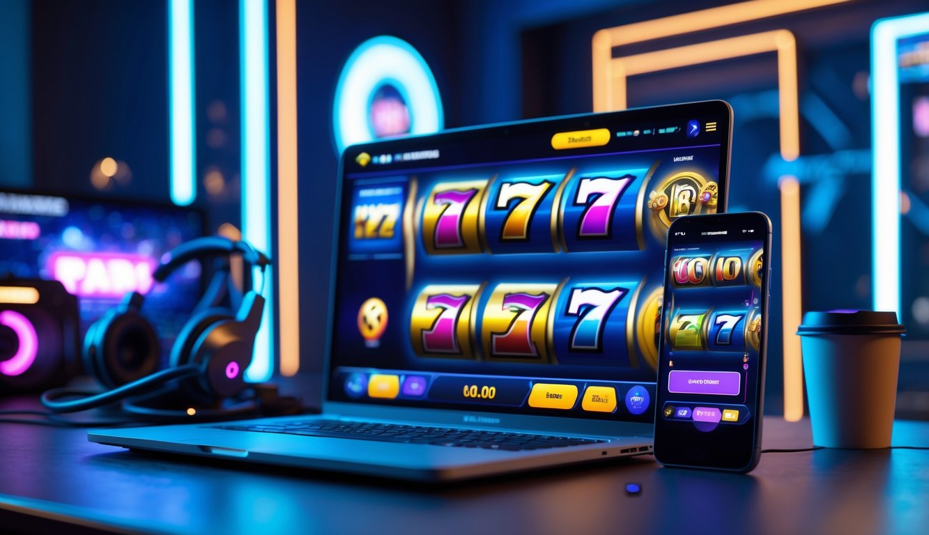 Tampilan antarmuka permainan slot online yang dinamis pada laptop dan ponsel di meja dengan pencahayaan ruangan yang menarik.