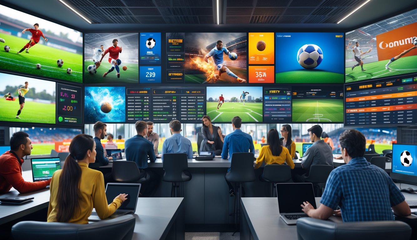 Sekelompok orang muda sedang menggunakan perangkat elektronik untuk taruhan olahraga dengan layar besar menampilkan berbagai jenis olahraga.