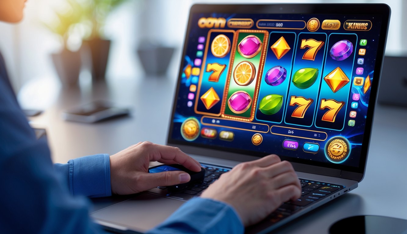 Seseorang sedang bermain permainan slot online di komputer dengan layar penuh warna dan simbol-simbol permainan yang menarik.