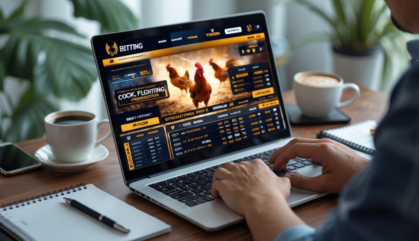 Seseorang menggunakan laptop di meja kerja dengan tampilan situs sabung ayam online yang sedang aktif.