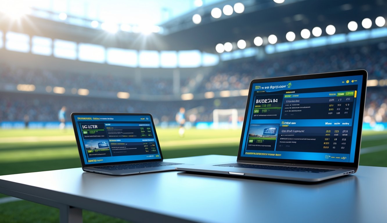 Seorang pria menggunakan laptop dan smartphone di meja dengan tampilan skor dan jadwal pertandingan olahraga yang diperbarui secara real-time.