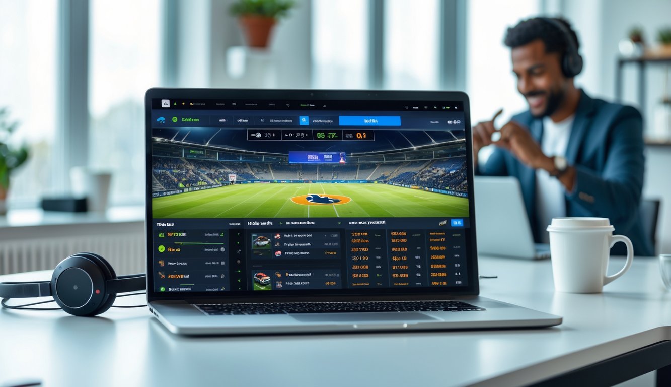 Seseorang menggunakan laptop dan ponsel untuk mengakses pertandingan olahraga secara langsung di meja kerja yang rapi.