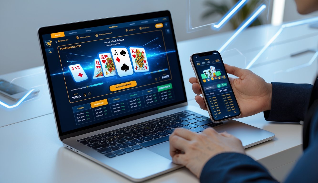 Seorang pengguna sedang menggunakan laptop dan ponsel untuk bermain judi online dengan tampilan game yang dinamis dan stabil.