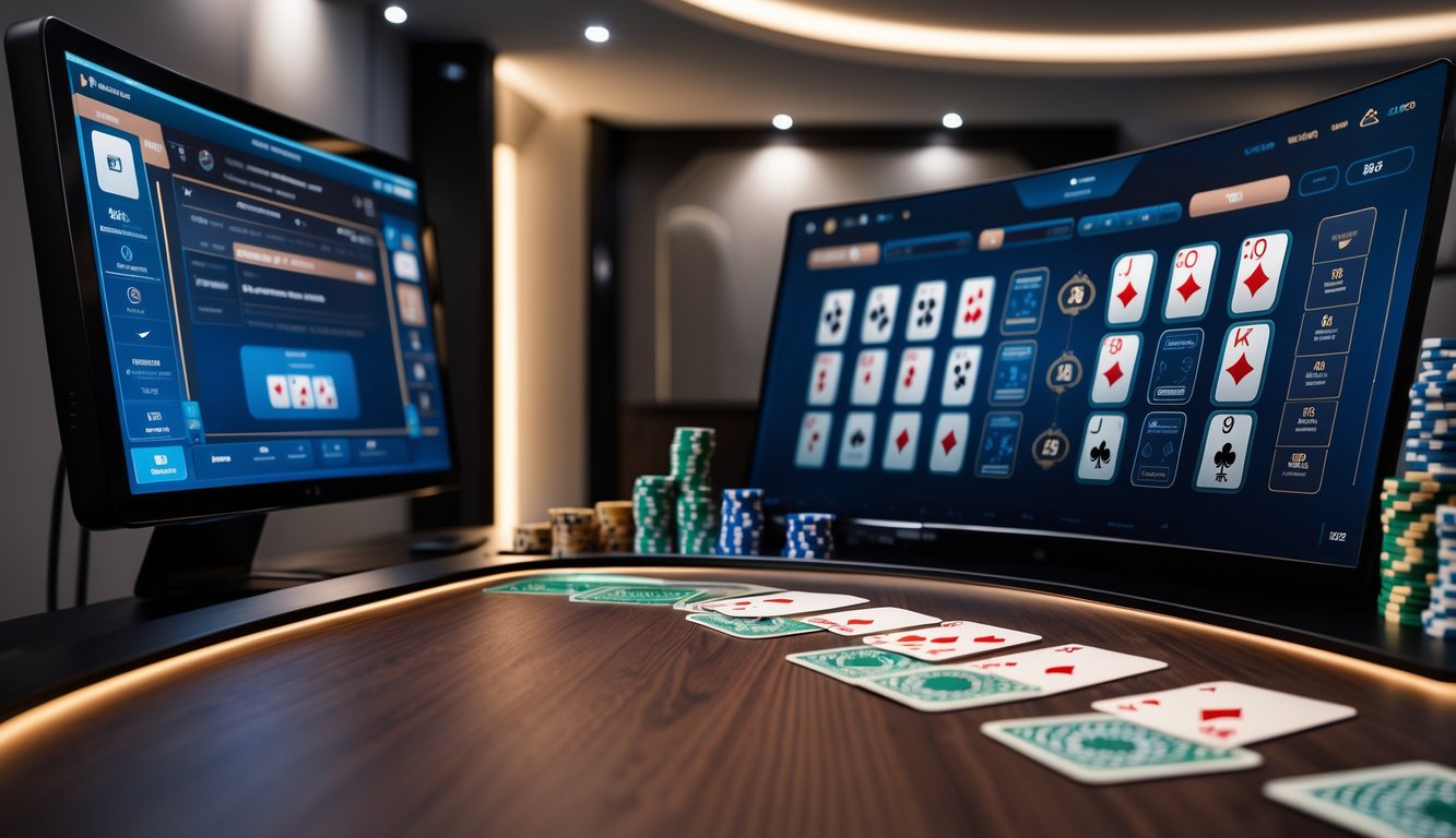 Meja permainan Ceme dengan kartu dan chip di ruangan game modern yang nyaman.