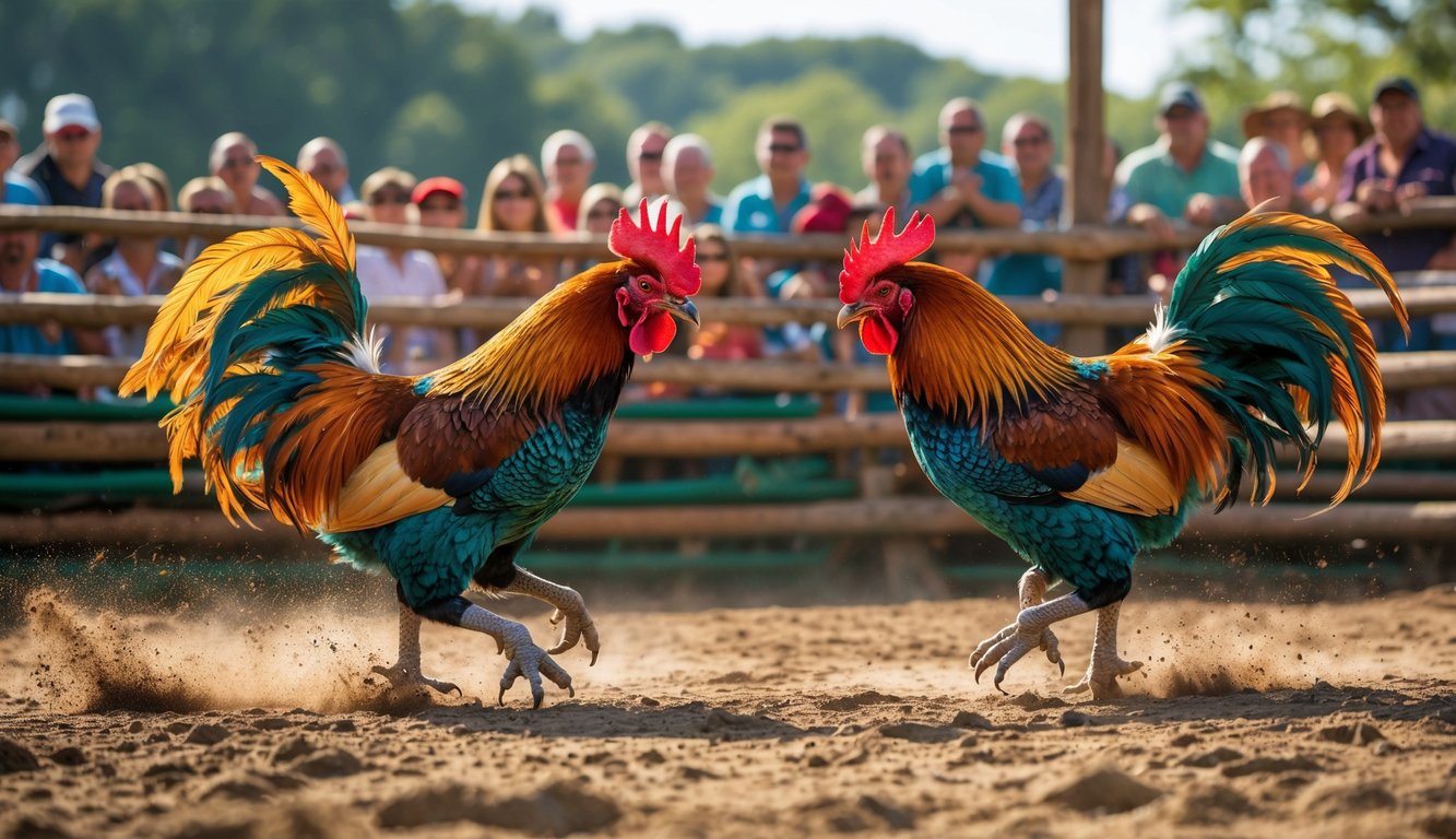 Dua ayam jago berwarna-warni sedang bertarung di arena terbuka dengan penonton di latar belakang.