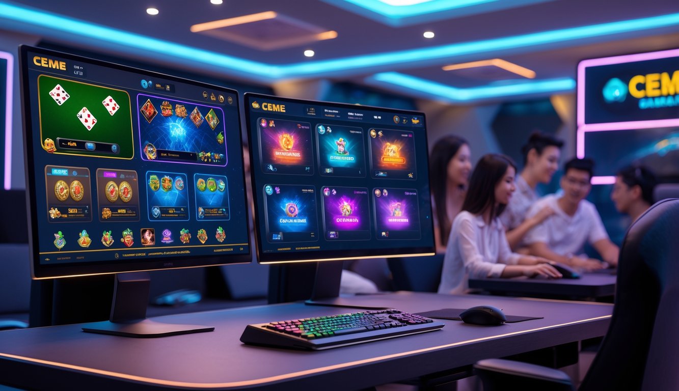 Suasana arena permainan online Ceme dengan beberapa layar menampilkan berbagai mode permainan dan orang-orang yang sedang bermain.