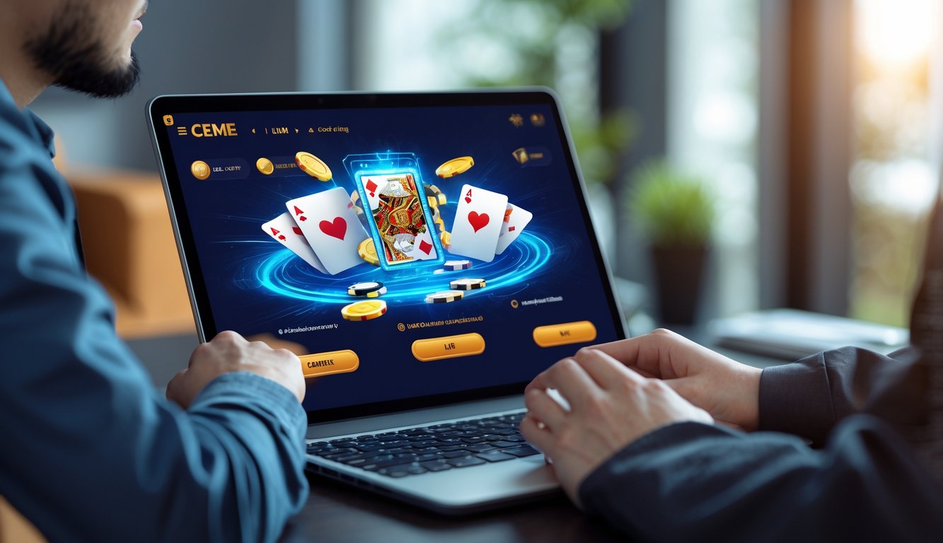 Seseorang menggunakan laptop dengan tampilan permainan Ceme online yang responsif di layar, terlihat fokus dan bersemangat dalam suasana ruangan yang nyaman.