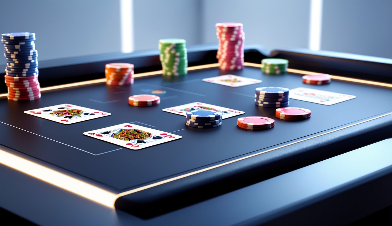 Tampilan meja judi ceme online interaktif dengan grafik kartu dan chip yang jelas dan rapi pada layar digital.