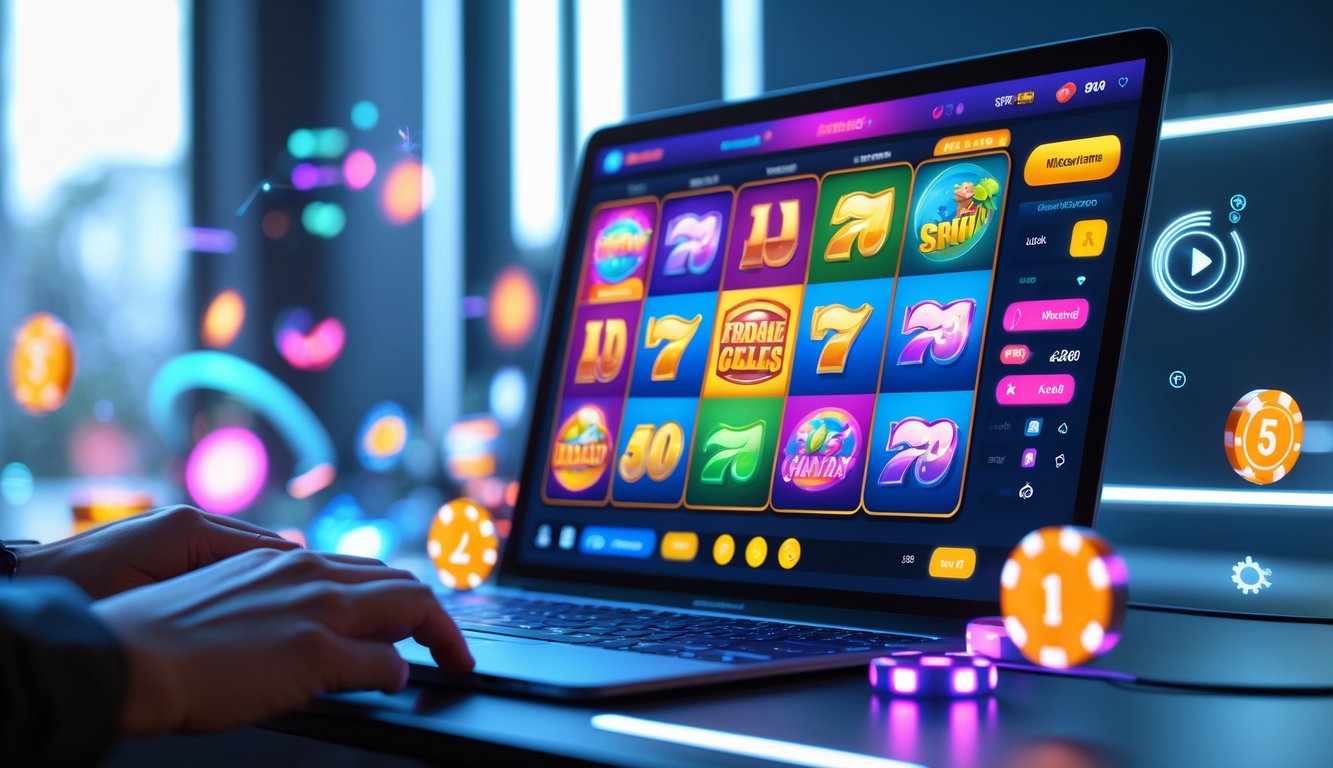 Tampilan layar perangkat dengan permainan slot online berwarna-warni dan menarik di lingkungan modern.