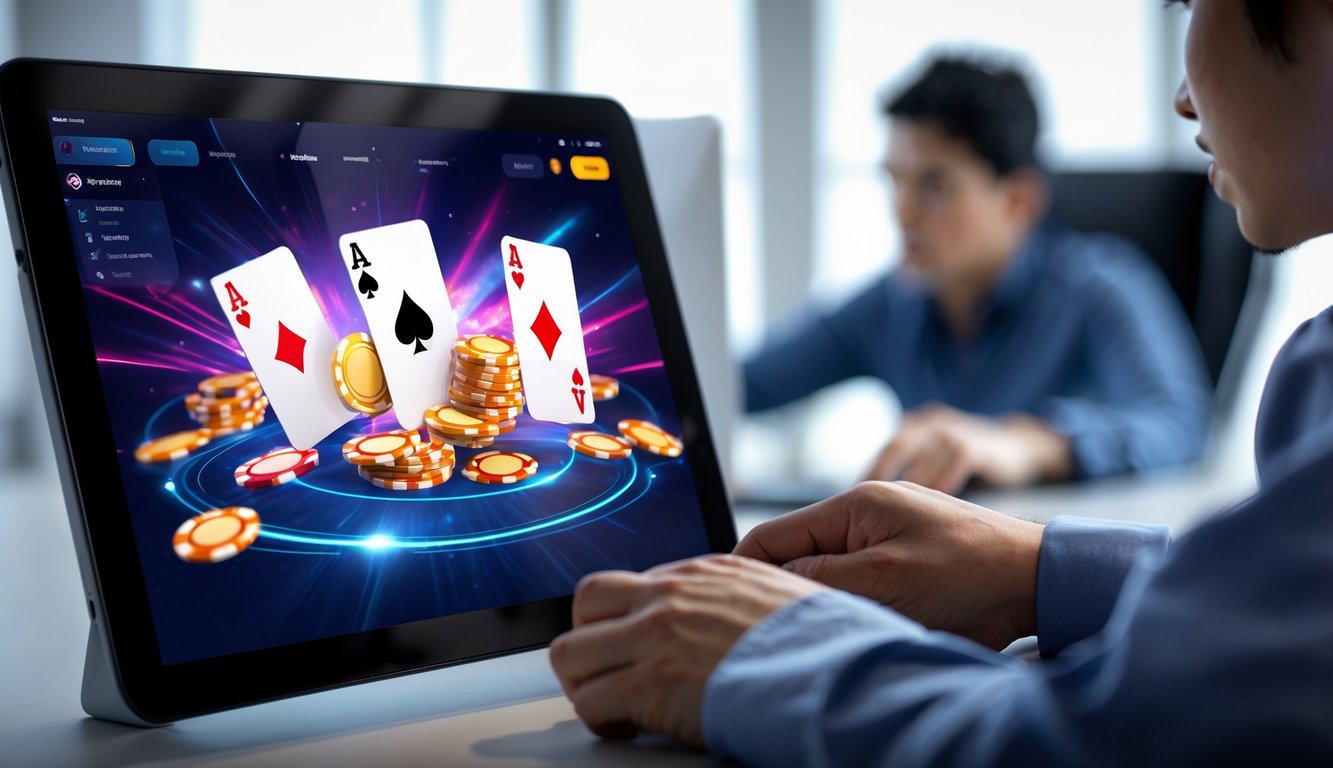 Seorang pemain fokus menggunakan perangkat digital untuk bermain Judi Ceme online dengan kartu dan chip yang terlihat di layar.