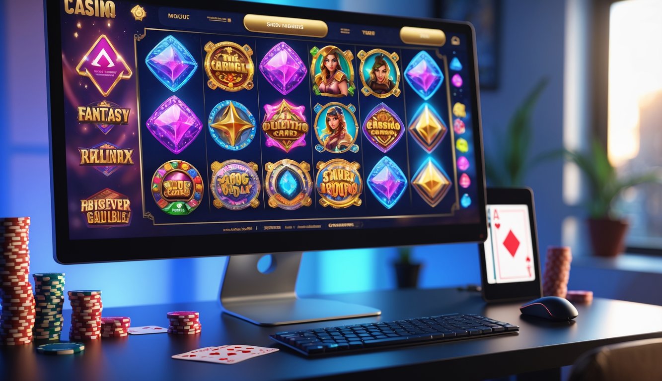 Tampilan layar komputer dengan berbagai tema unik permainan slot online di sebuah ruangan yang nyaman.