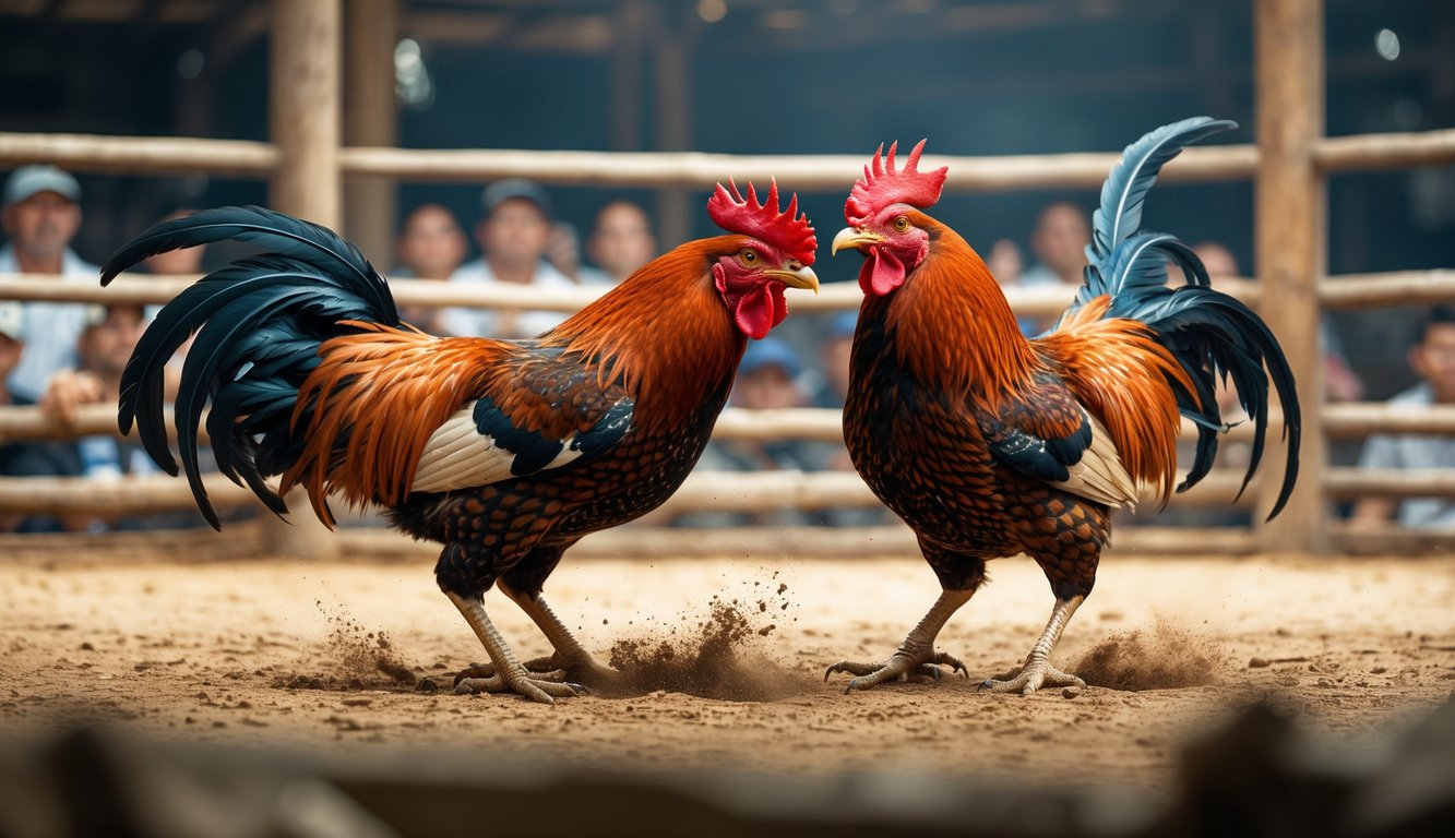 Dua ayam jago sedang bertarung di arena dengan penonton di sekitarnya.