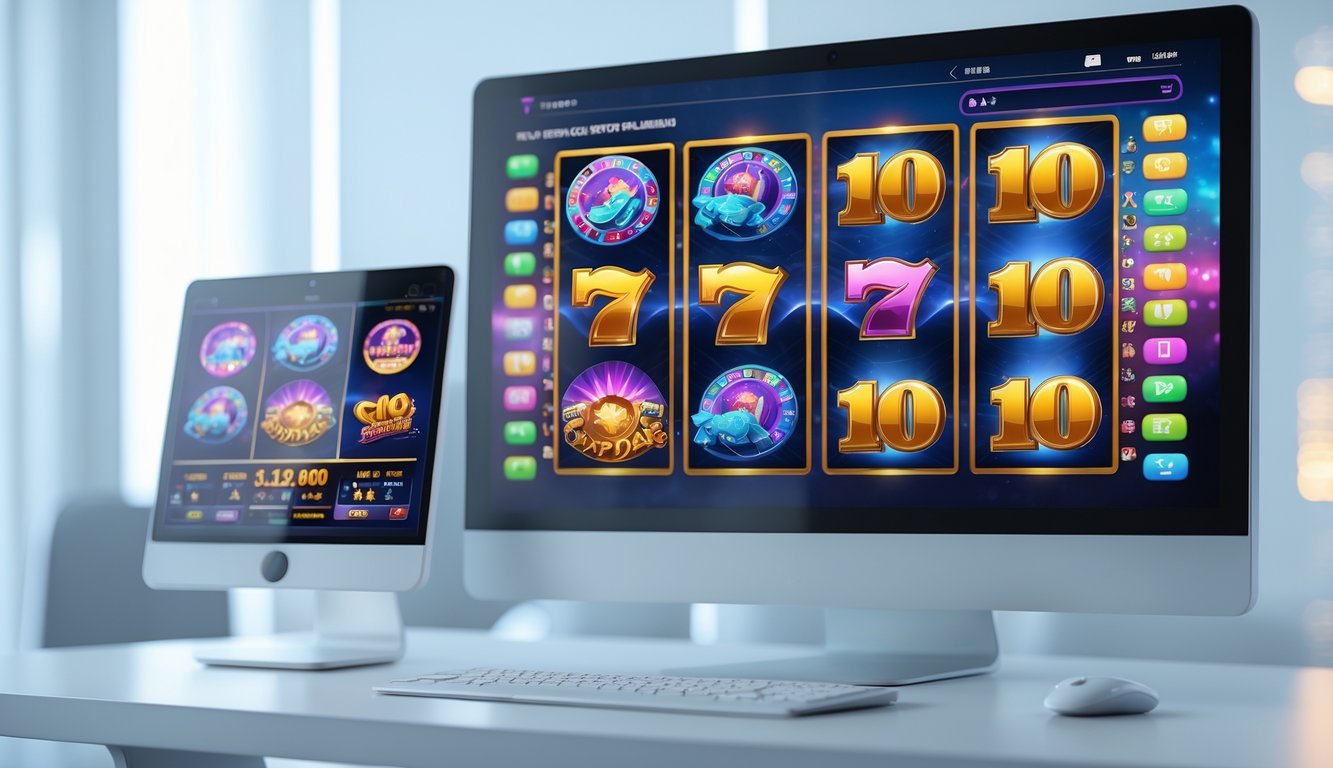 Tampilan antarmuka permainan slot online modern pada komputer dan ponsel di atas meja minimalis.