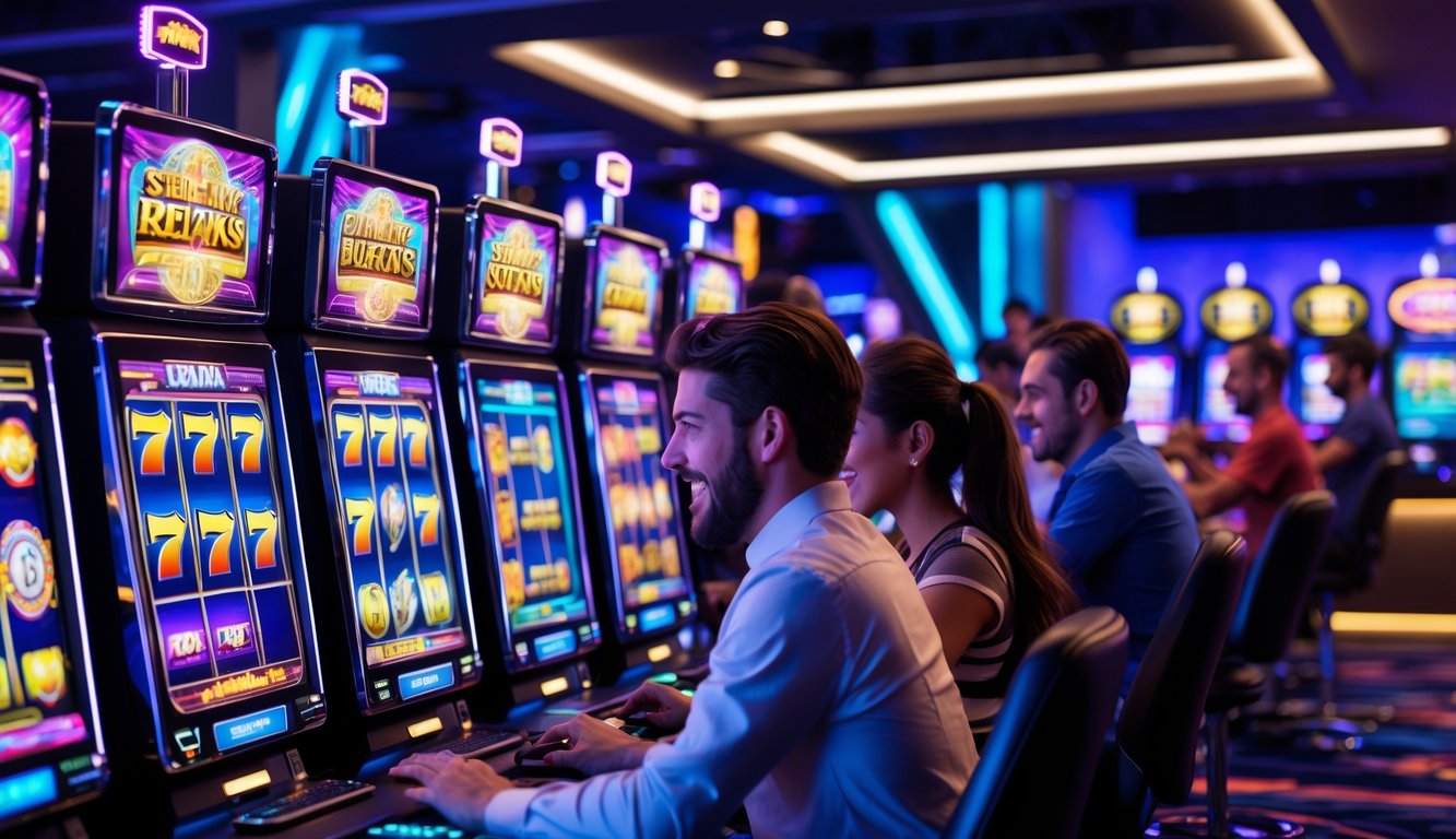 Beberapa orang sedang bermain permainan slot online secara real-time di sebuah arena permainan modern dengan mesin slot digital dan perangkat elektronik.