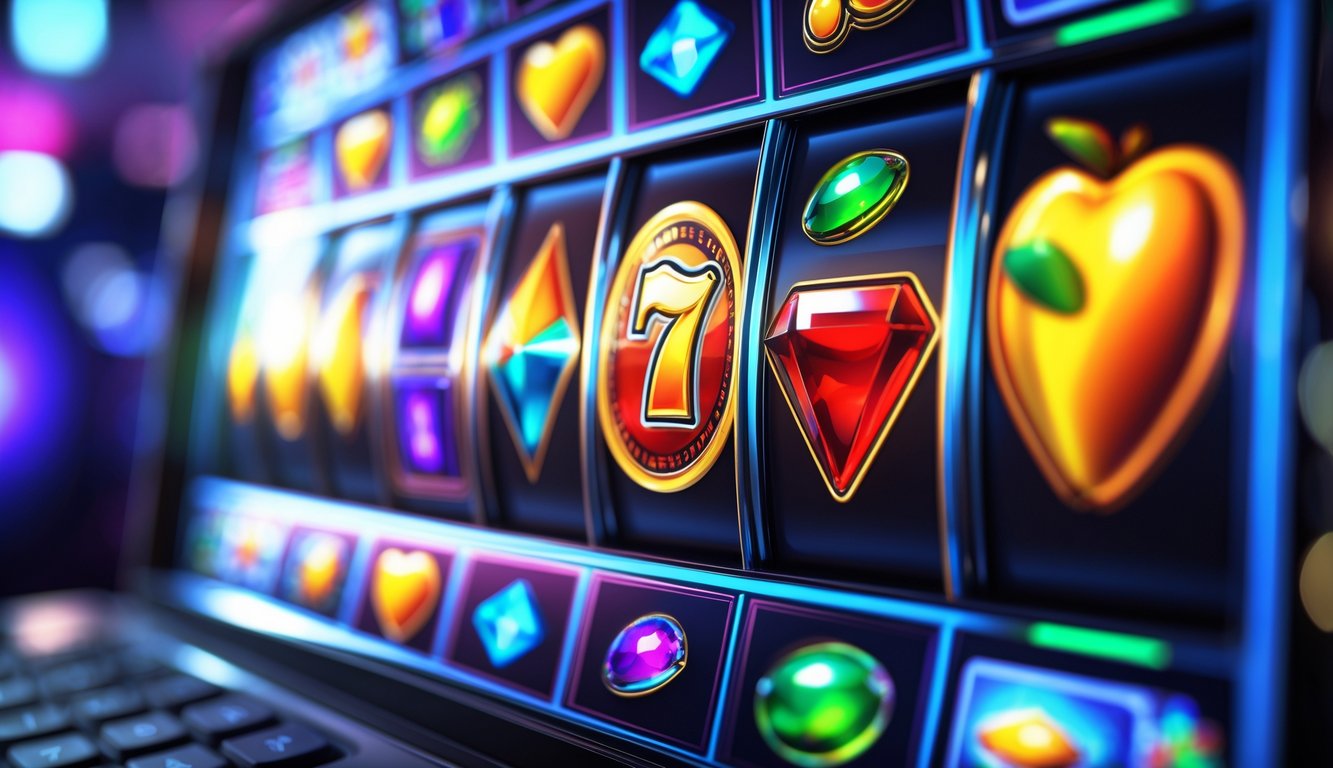 Tampilan dekat mesin slot online dengan grafik warna-warni yang tajam dan hidup di layar komputer modern.