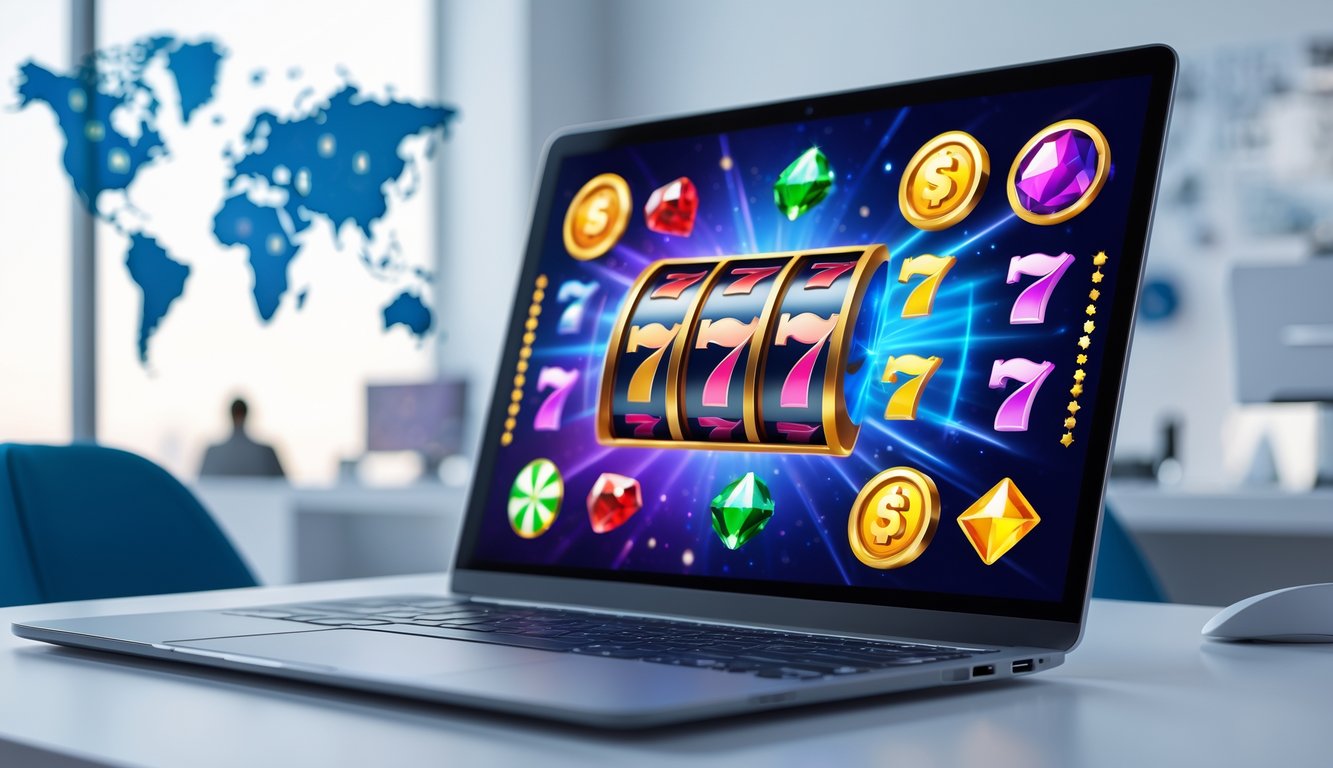 Seorang pengguna sedang bermain permainan slot online di komputer di ruang kerja modern.