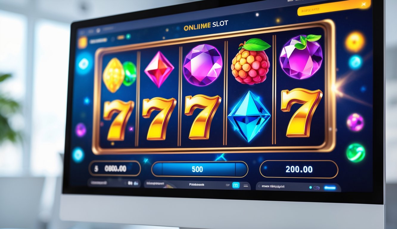 Tampilan antarmuka permainan slot online di layar komputer dengan latar belakang ruang kerja yang rapi.