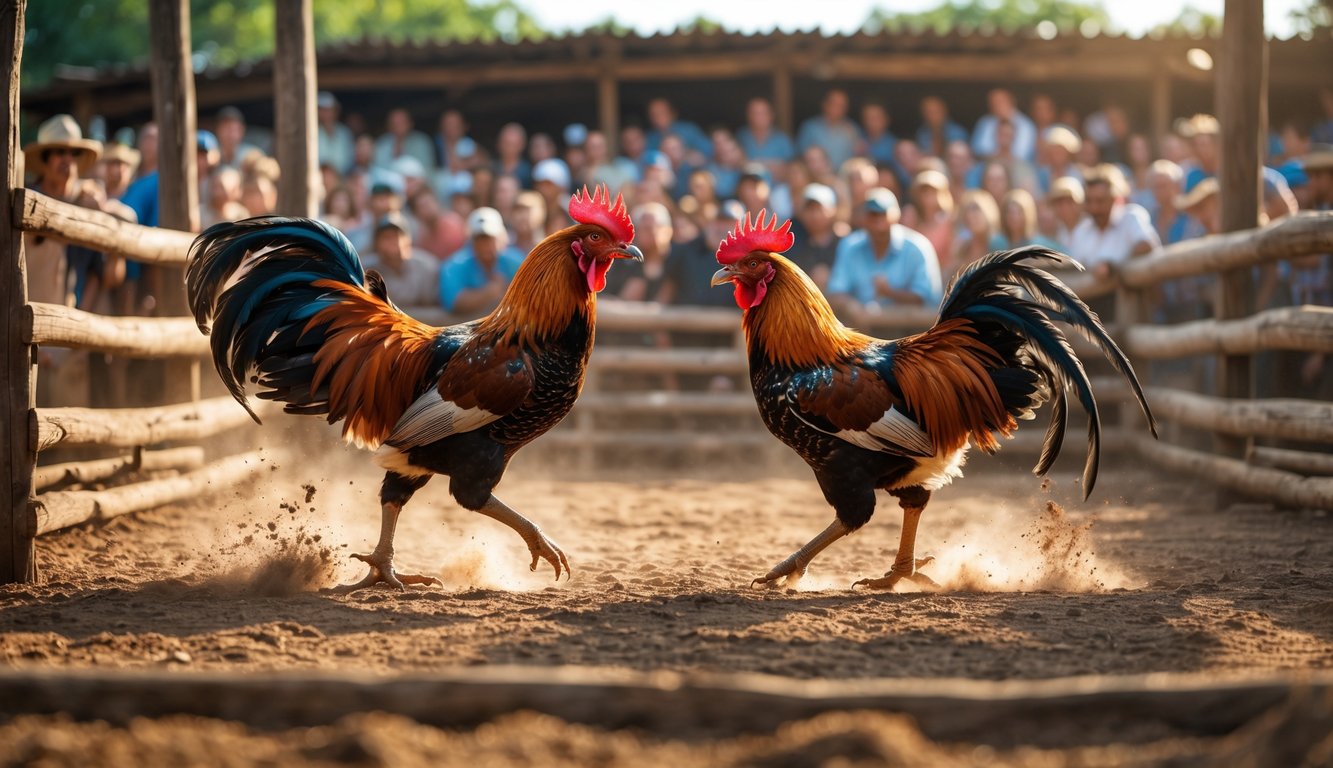 Dua ayam jago sedang bertarung di arena dengan penonton di latar belakang