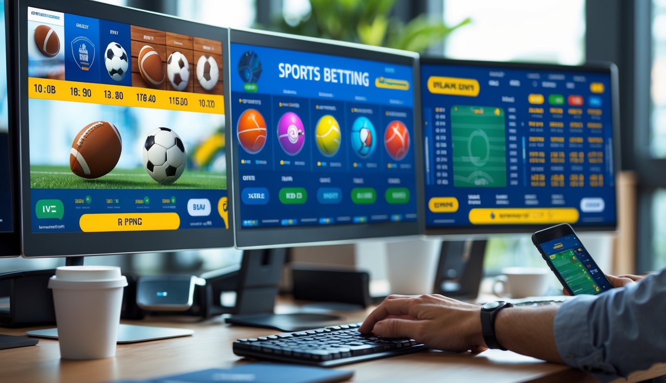 Seorang individu menggunakan komputer dengan layar menampilkan jadwal pertandingan olahraga yang lengkap.