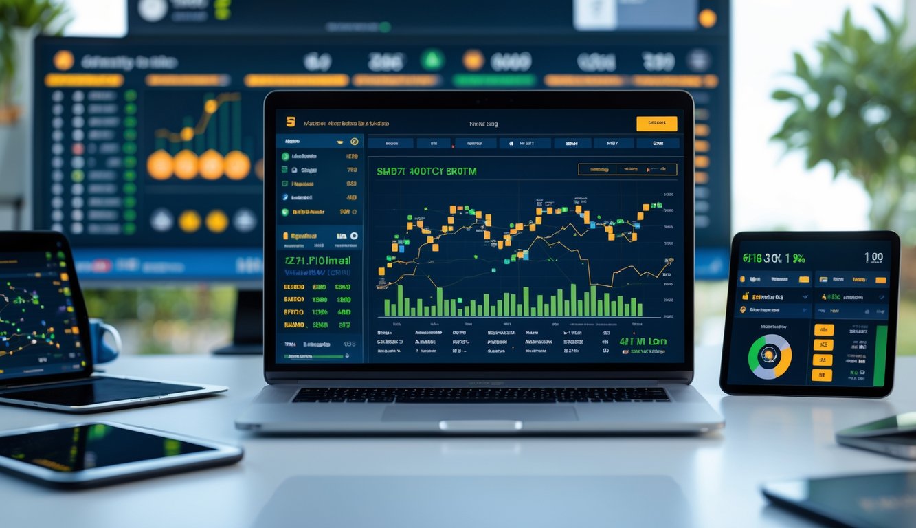 Seorang pengguna di depan laptop dengan beberapa perangkat digital yang menampilkan statistik olahraga dan data taruhan secara interaktif.