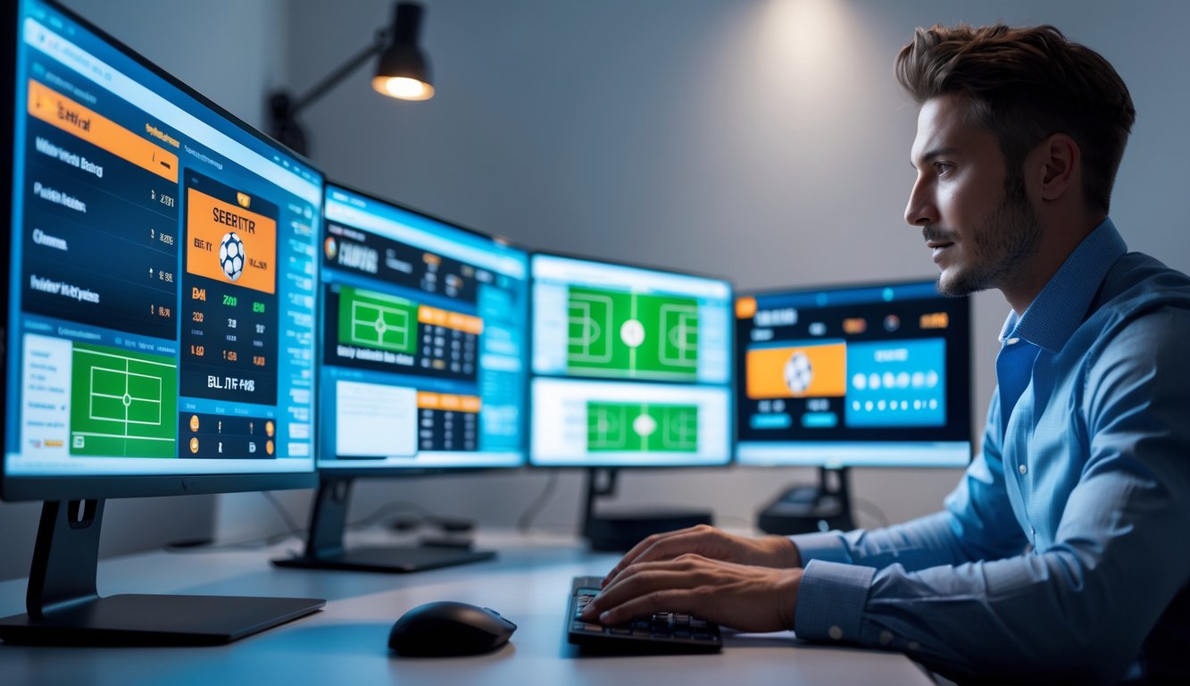 Seorang individu sedang menggunakan komputer dengan beberapa layar menampilkan pertandingan olahraga populer dan grafik taruhan secara real-time.