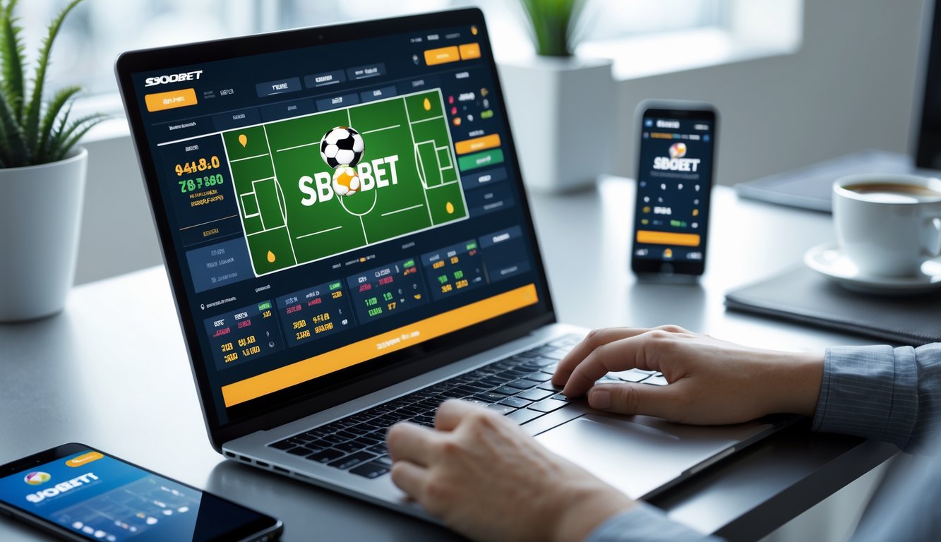 Seorang profesional menggunakan laptop dengan layar menampilkan skor pertandingan olahraga yang diperbarui secara real-time di meja kerja yang rapi.