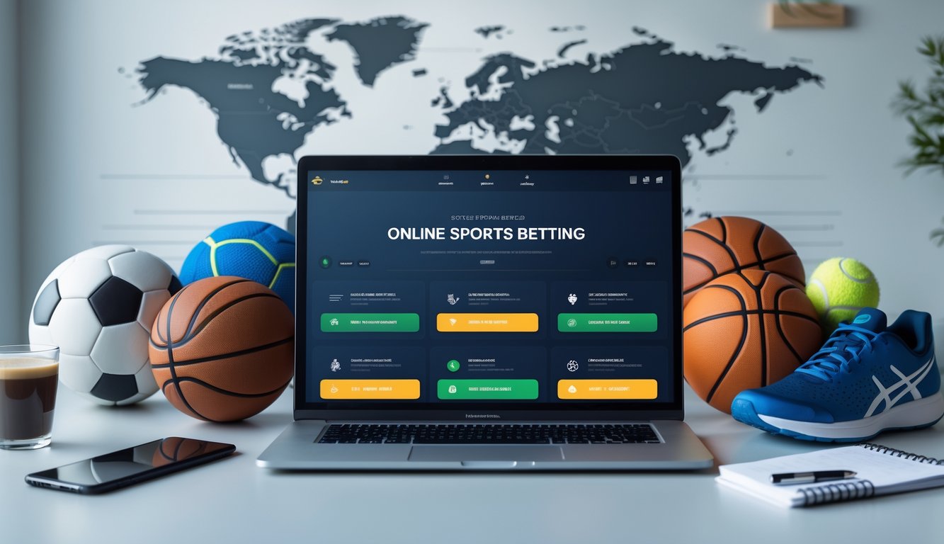 Seorang pengguna melihat layar laptop yang menampilkan platform taruhan olahraga online dengan berbagai perlengkapan olahraga di sekitarnya dan peta dunia di latar belakang.