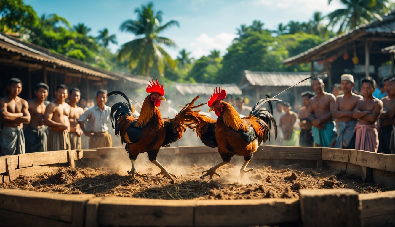 Dua ayam aduan sedang bertarung di arena kayu dengan kerumunan pria yang antusias di latar belakang di sebuah desa pedesaan.