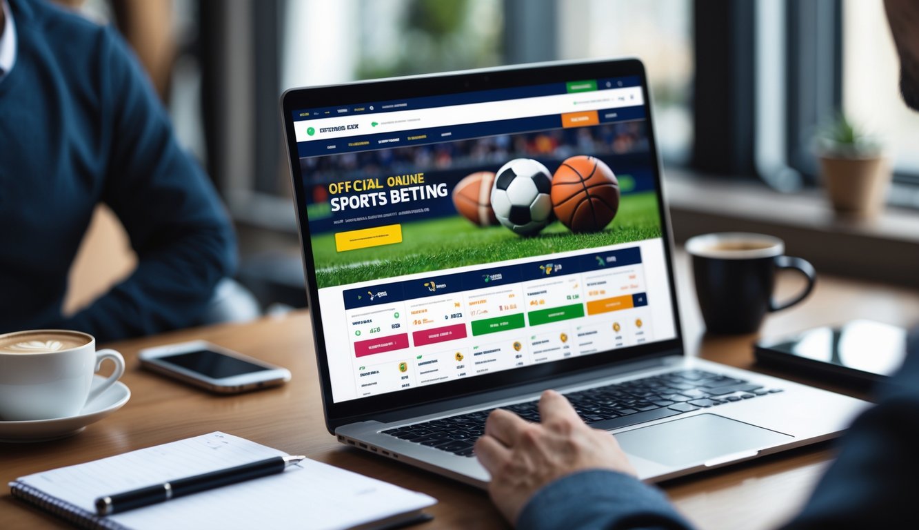 Seorang pengguna duduk di depan laptop yang menampilkan situs taruhan olahraga dengan berbagai pertandingan populer, di meja terdapat ponsel, secangkir kopi, dan buku catatan.