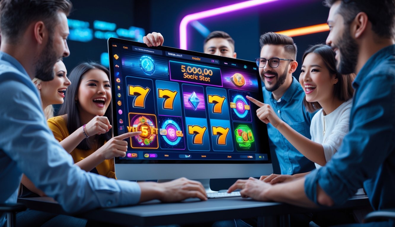 Orang-orang yang antusias bermain permainan slot online terbaru dengan layar komputer menampilkan game inovatif dan berwarna-warni.