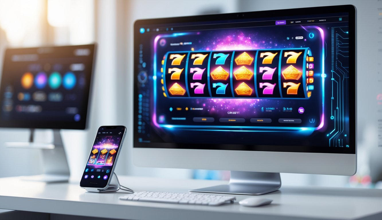 Tampilan perangkat desktop dan smartphone yang menampilkan permainan slot online dengan gulungan berputar cepat di atas meja minimalis.
