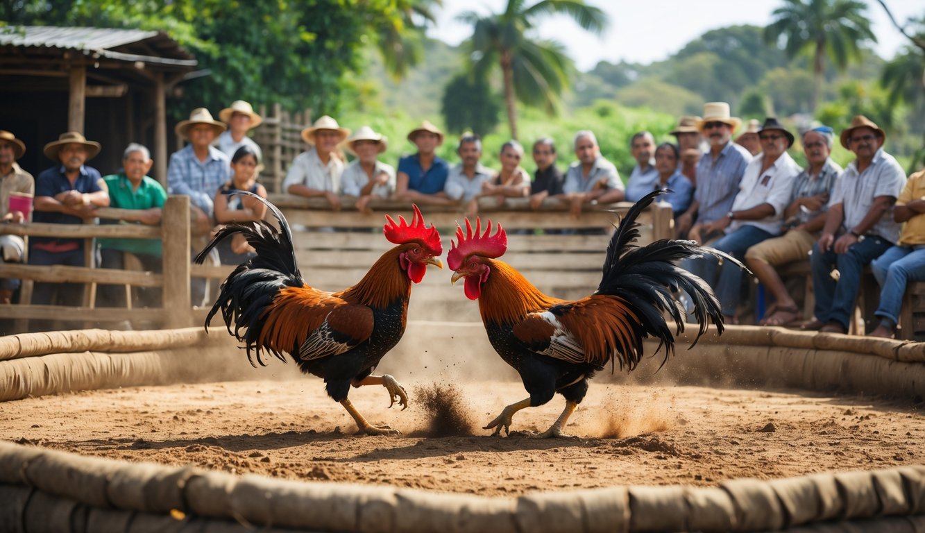 Dua ayam jago sedang bertarung di arena dengan penonton yang memperhatikan di sekitarnya.