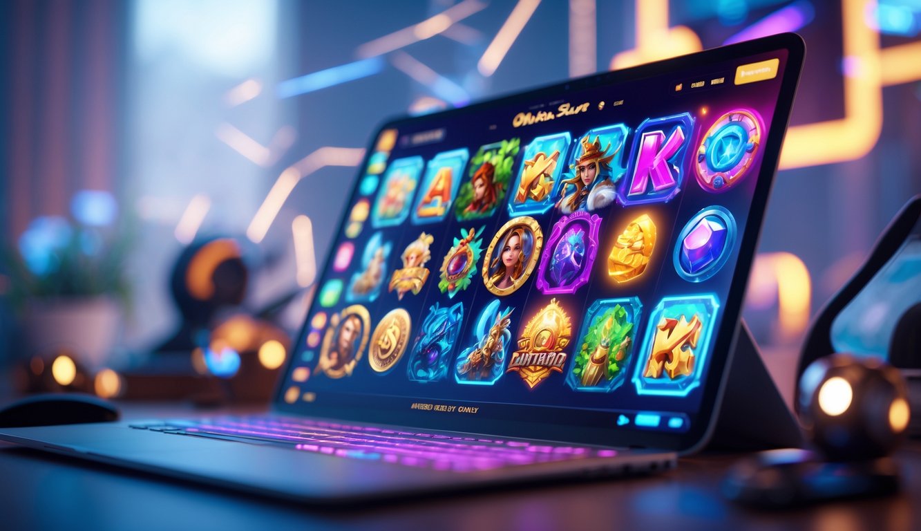 Sebuah layar perangkat menampilkan permainan slot online dengan berbagai tema fantasi yang berwarna-warni dan menarik.