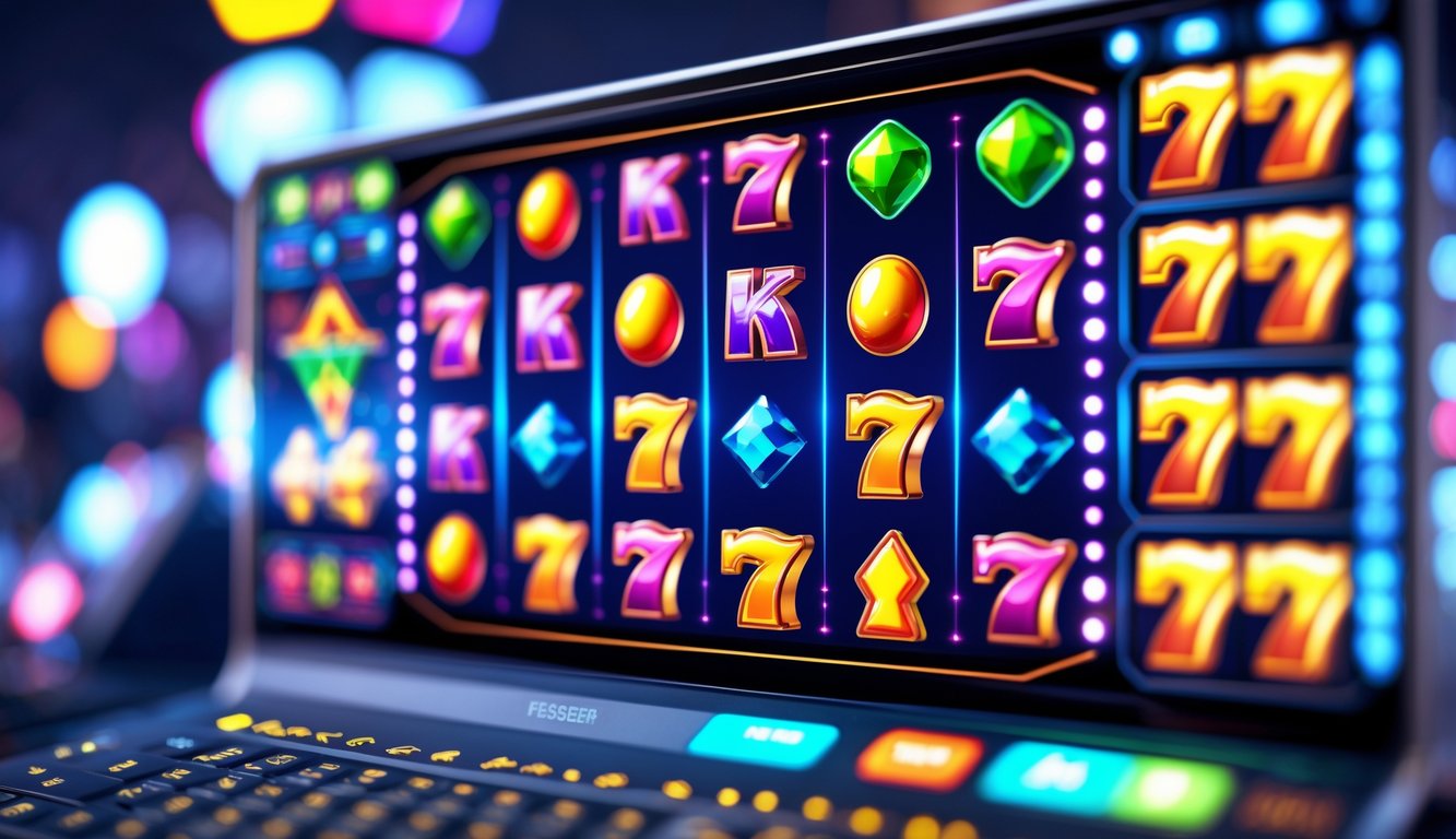 Layar perangkat menampilkan permainan slot online dengan simbol warna-warni dan animasi bergerak.