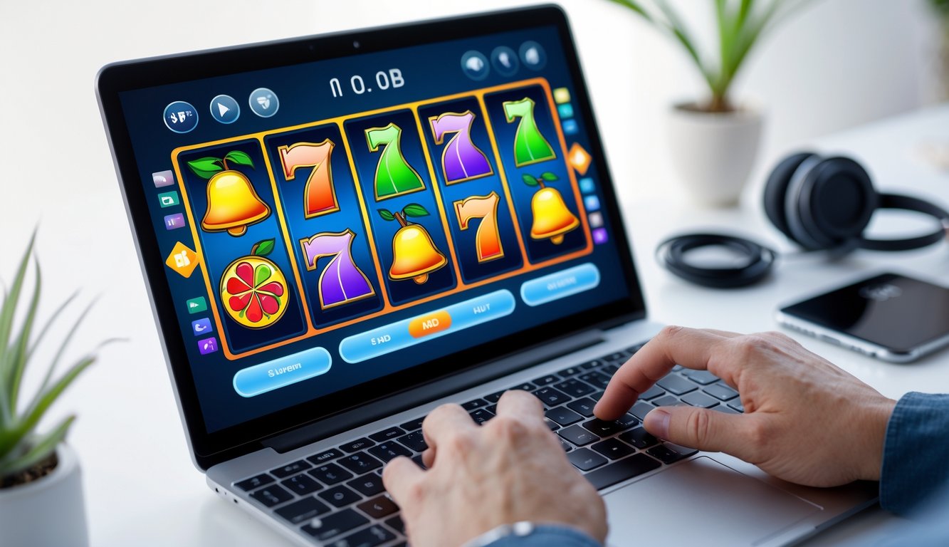 Layar laptop menampilkan permainan slot online dengan antarmuka yang mudah digunakan, seseorang sedang menggunakan touchpad di meja kerja yang rapi.