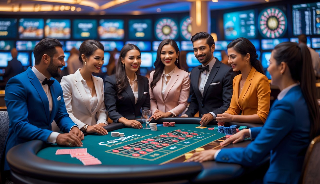 Seorang dealer profesional di meja kasino online dengan peralatan streaming dan monitor di latar belakang.