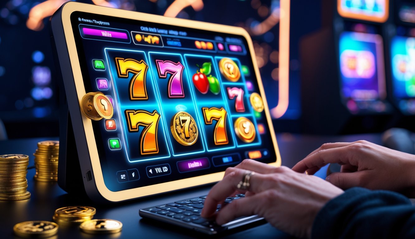 Seorang pemain menggunakan perangkat digital dengan tampilan mesin slot online yang berwarna-warni dan dinamis.