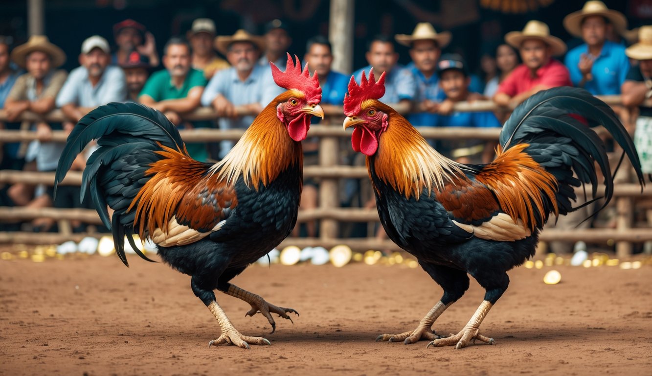 Dua ayam jago sedang bertarung di arena terbuka dengan penonton yang antusias di sekelilingnya.