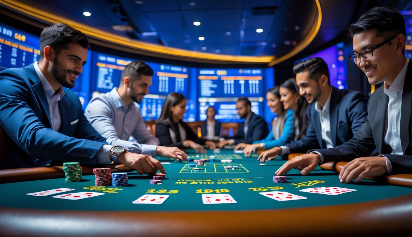 Suasana meja kasino langsung online dengan pemain yang sedang bermain dan dealer yang membagikan kartu.