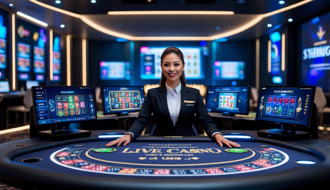 Seorang dealer kasino langsung sedang bermain di meja kasino dalam studio modern dengan layar komputer menampilkan permainan kasino secara real-time.