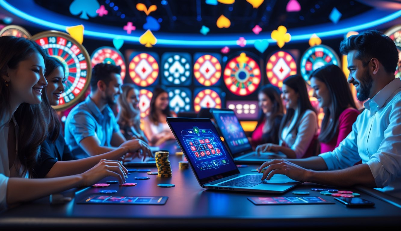 Orang-orang bermain permainan kasino online interaktif dengan perangkat digital dalam suasana kasino yang dinamis.