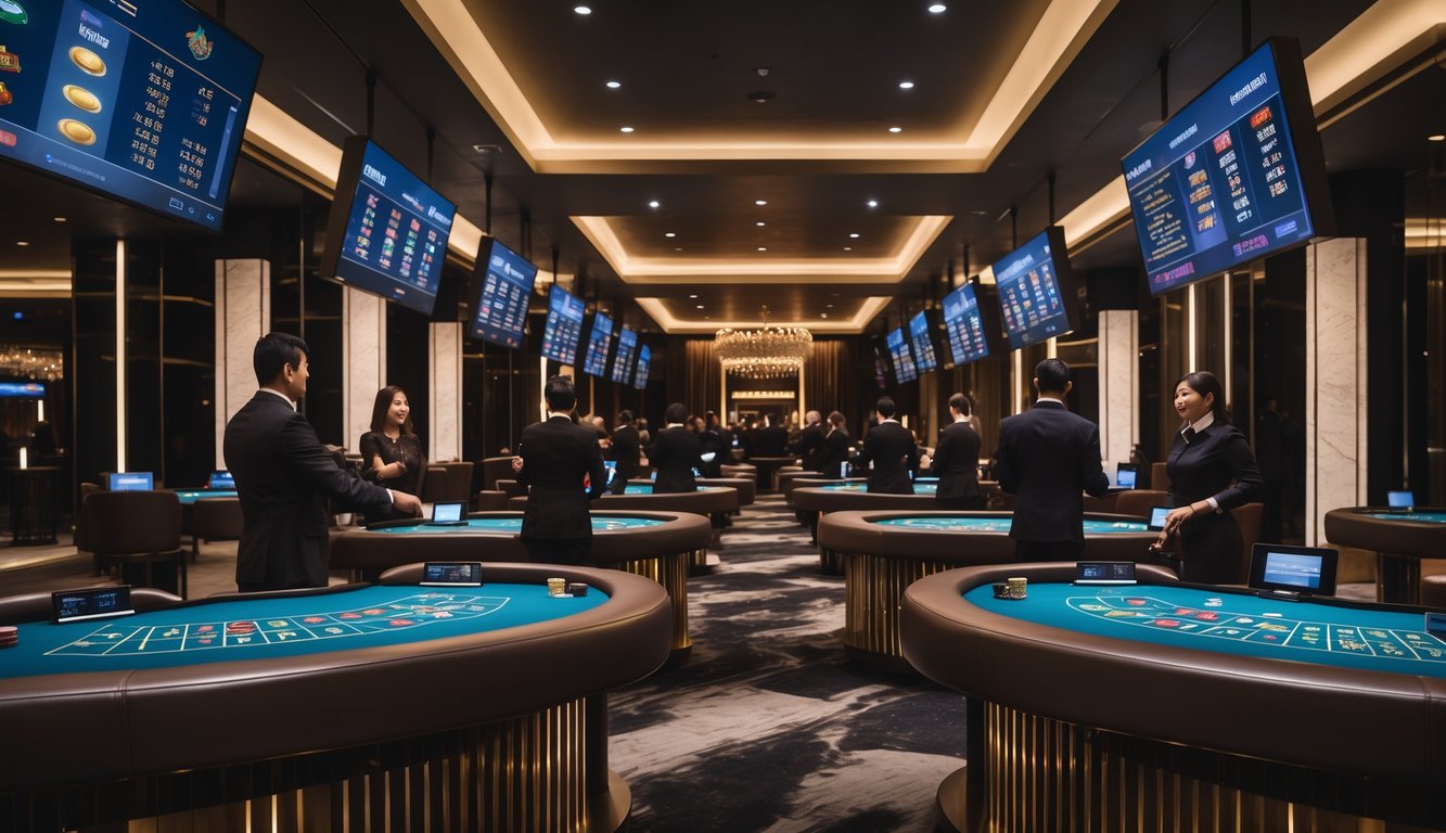 Suasana arena kasino langsung online dengan meja permainan populer dan dealer yang melayani pemain.