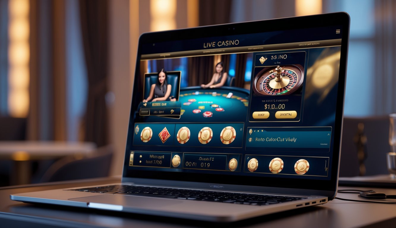 Antarmuka kasino online langsung yang elegan ditampilkan di layar laptop di atas meja dengan latar belakang ruangan yang hangat.