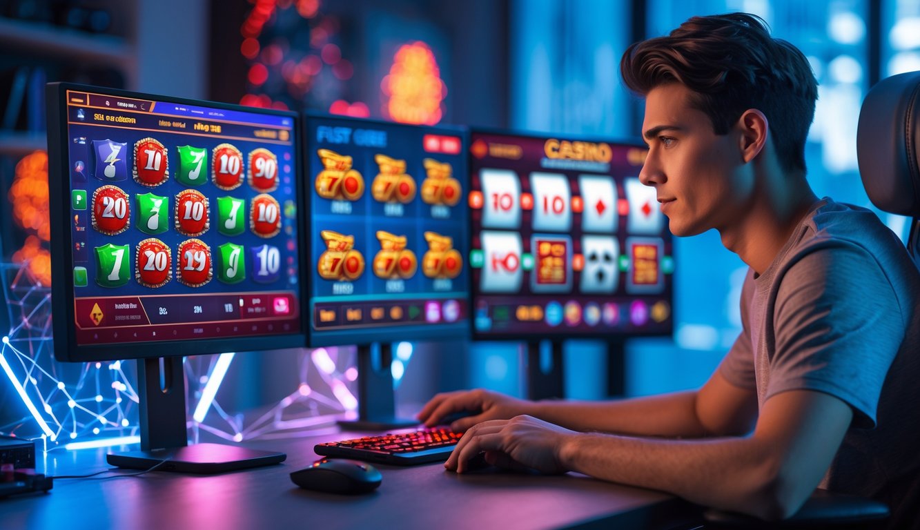 Seseorang sedang bermain permainan kasino langsung online dengan beberapa monitor di meja kerja yang modern.