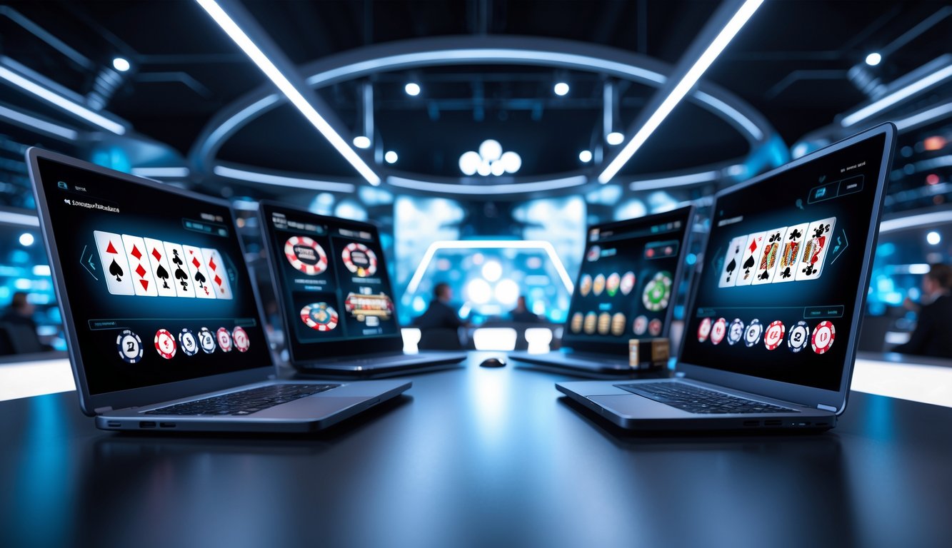 Tampilan platform kasino langsung online modern dengan pemain yang menggunakan laptop dan ponsel, menampilkan permainan kasino secara real-time.