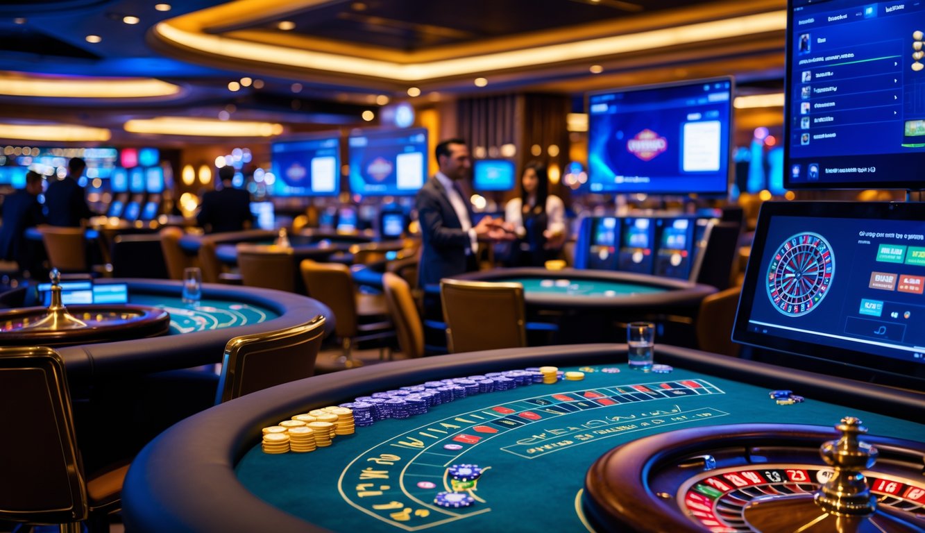 Suasana kasino online langsung dengan beberapa meja permainan lengkap dan dealer profesional yang melayani pemain melalui layar komputer.