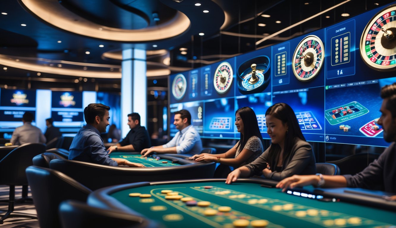 Beberapa orang bermain permainan kasino langsung secara online di layar HD yang jernih di sebuah arena kasino modern.