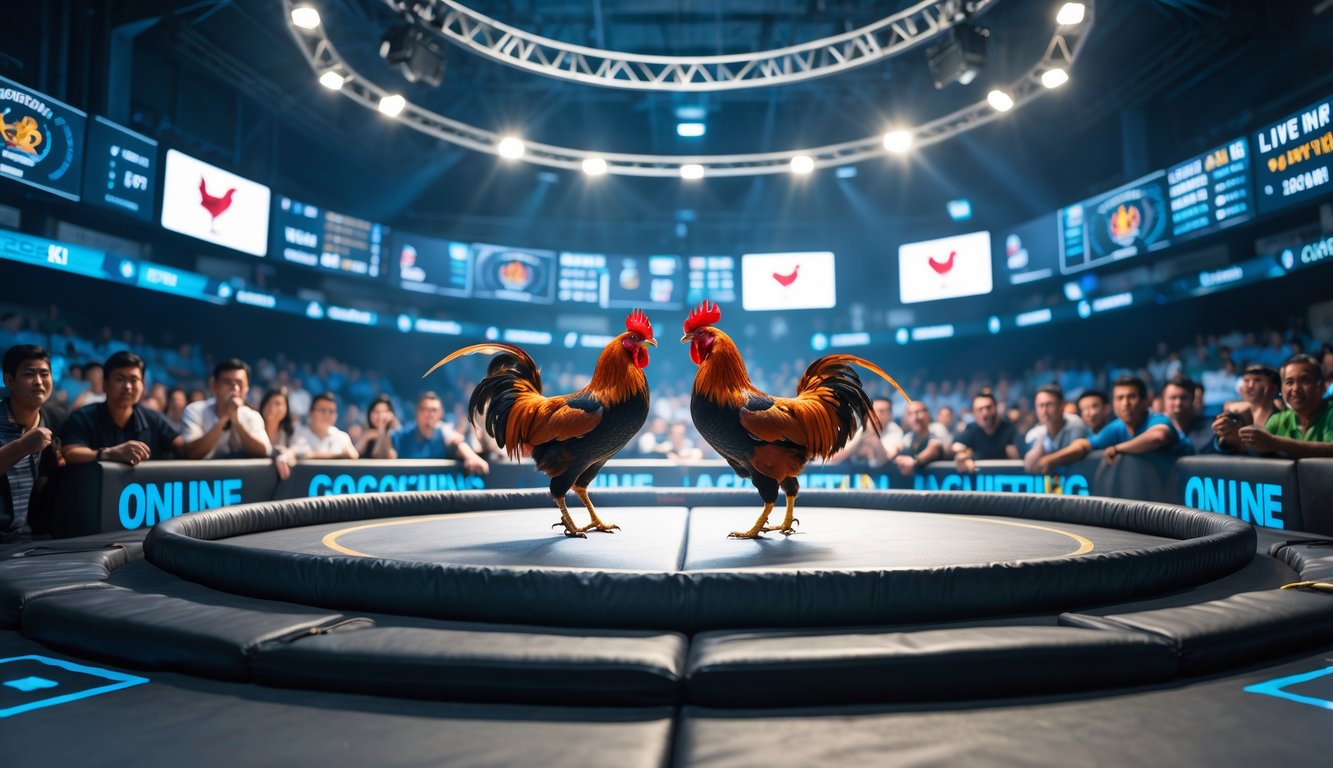 Arena sabung ayam resmi dengan dua ayam bertarung di tengah ring dikelilingi penonton yang antusias.