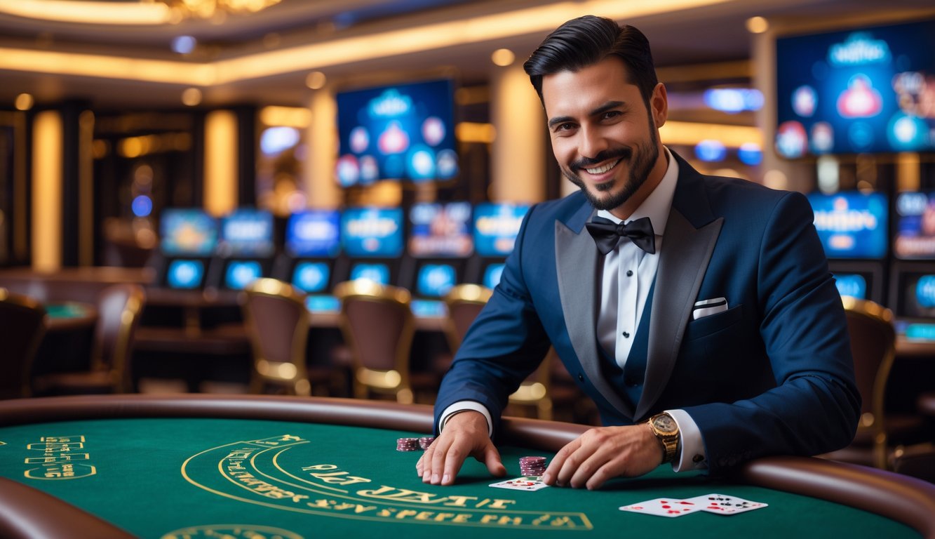 Seorang dealer kasino profesional yang berpengalaman sedang menangani kartu di meja kasino dengan latar belakang suasana kasino online yang modern dan elegan.